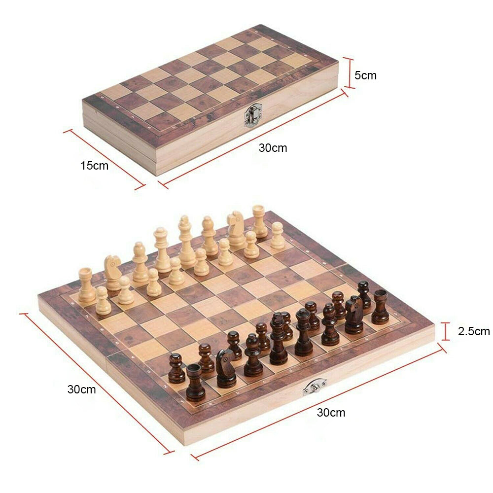 3 IN 1 Wooden Chess Set Folding Chessboard Wood Pieces Draughts Backgammon Toy-6