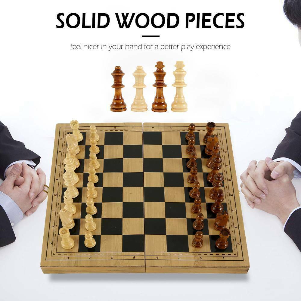 3 IN 1 Wooden Chess Set Folding Chessboard Wood Pieces Draughts Backgammon Toy-8