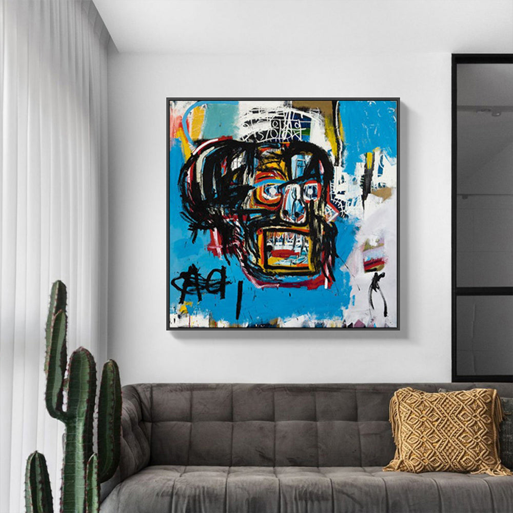 Wall Art 50cmx50cm Blue Head By Basquiat Black Frame Canvas-1