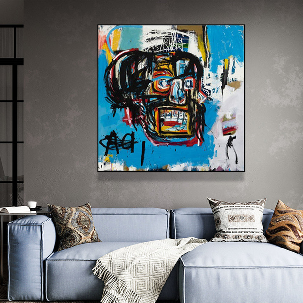 Wall Art 60cmx60cm Blue Head By Basquiat Black Frame Canvas-2