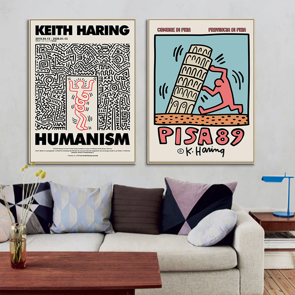 Wall Art 60cmx60cm By Keith Haring 2 Sets Gold Frame Canvas-1