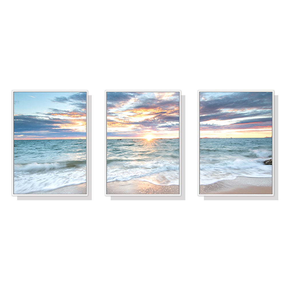 Wall Art 50cmx70cm Sunrise by the ocean 3 Sets White Frame Canvas-0