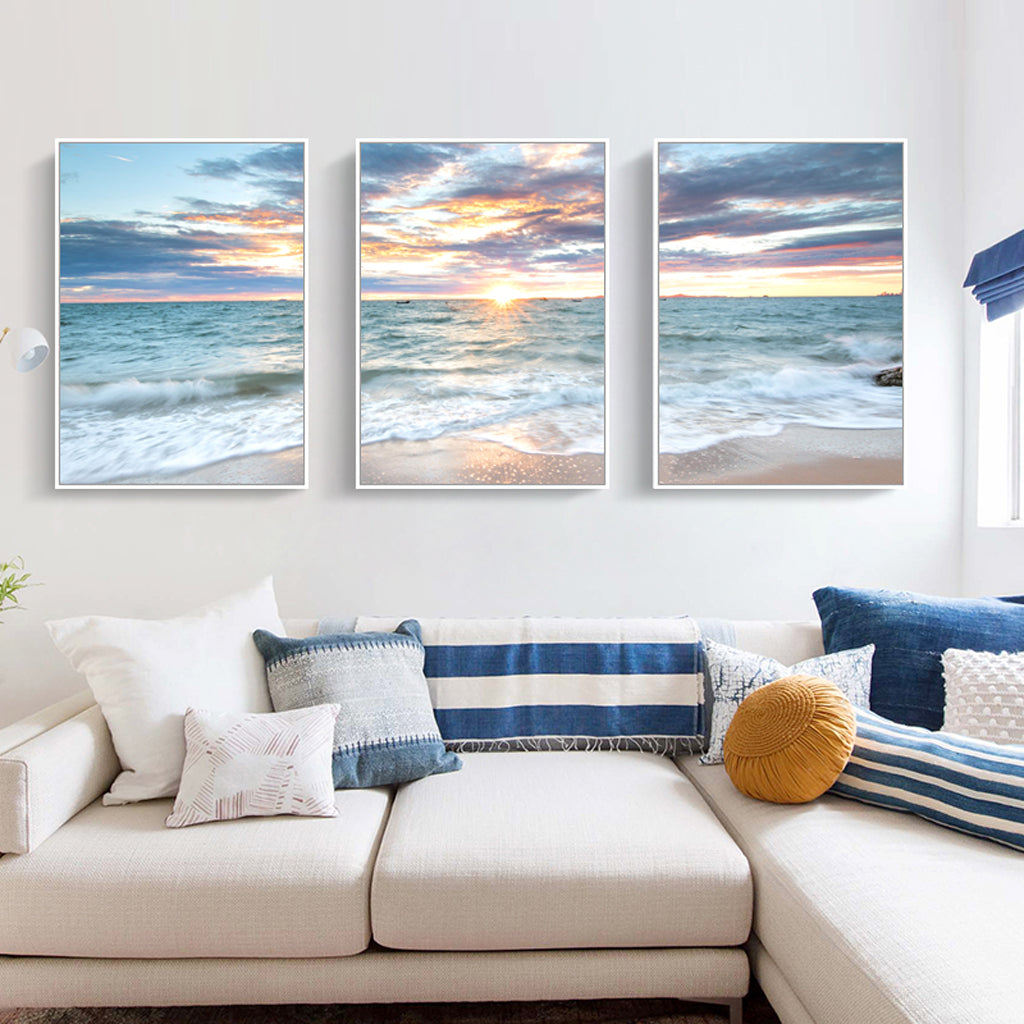 Wall Art 50cmx70cm Sunrise by the ocean 3 Sets White Frame Canvas-2