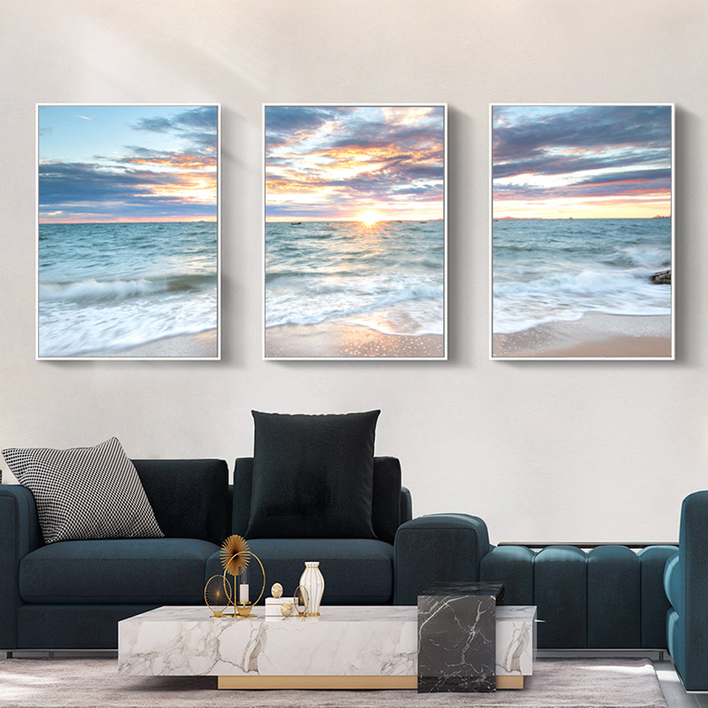 Wall Art 60cmx90cm Sunrise by the ocean 3 Sets White Frame Canvas-3