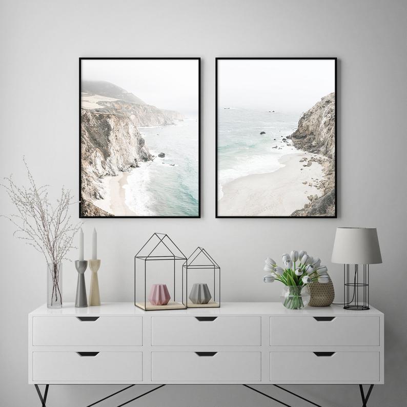 Wall Art 50cmx70cm Mountain Beach 2 Sets Black Frame Canvas-2