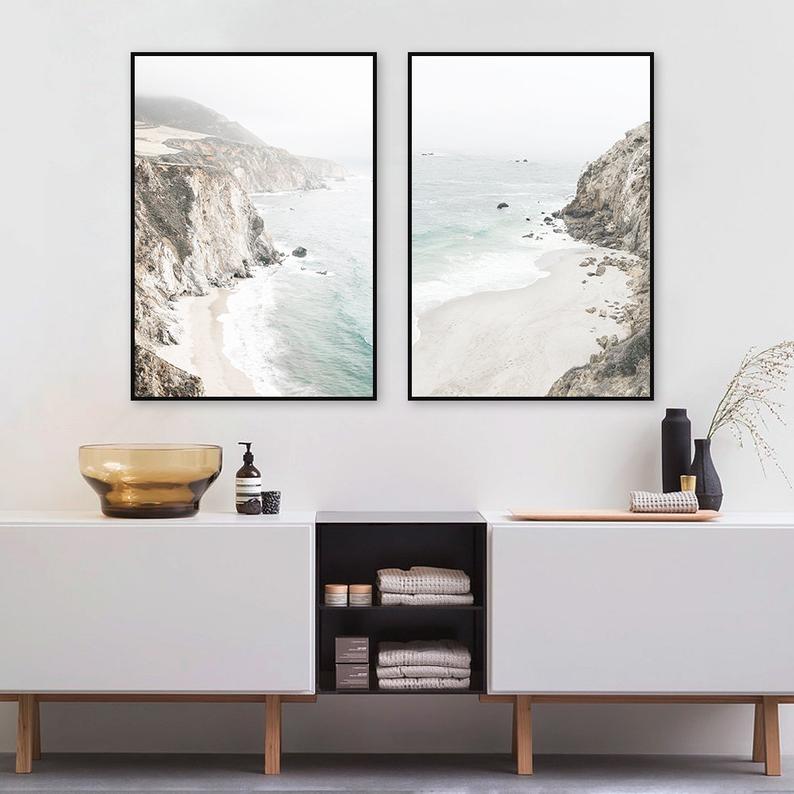 Wall Art 50cmx70cm Mountain Beach 2 Sets Black Frame Canvas-3