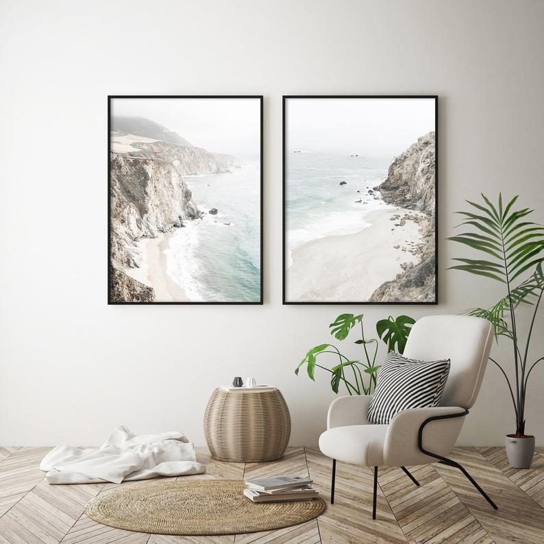 Wall Art 50cmx70cm Mountain Beach 2 Sets Black Frame Canvas-1