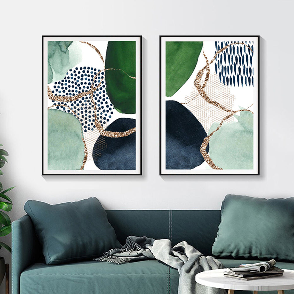 Wall Art 70cmx100cm Abstract Green and Navy 2 Sets Black Frame Canvas-1