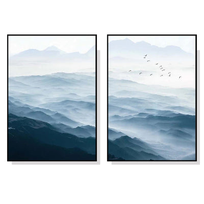 Wall Art 70cmx100cm Blue mountains 2 Sets Black Frame Canvas-0