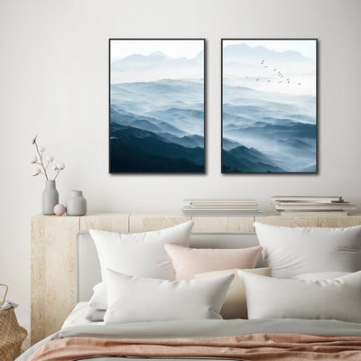 Wall Art 90cmx135cm Blue mountains 2 Sets Black Frame Canvas-1