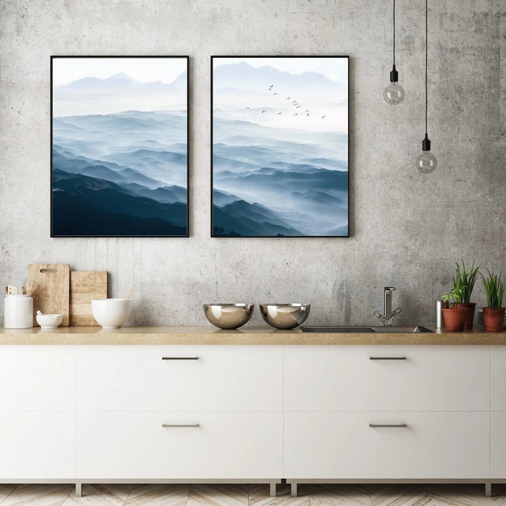 Wall Art 90cmx135cm Blue mountains 2 Sets Black Frame Canvas-2