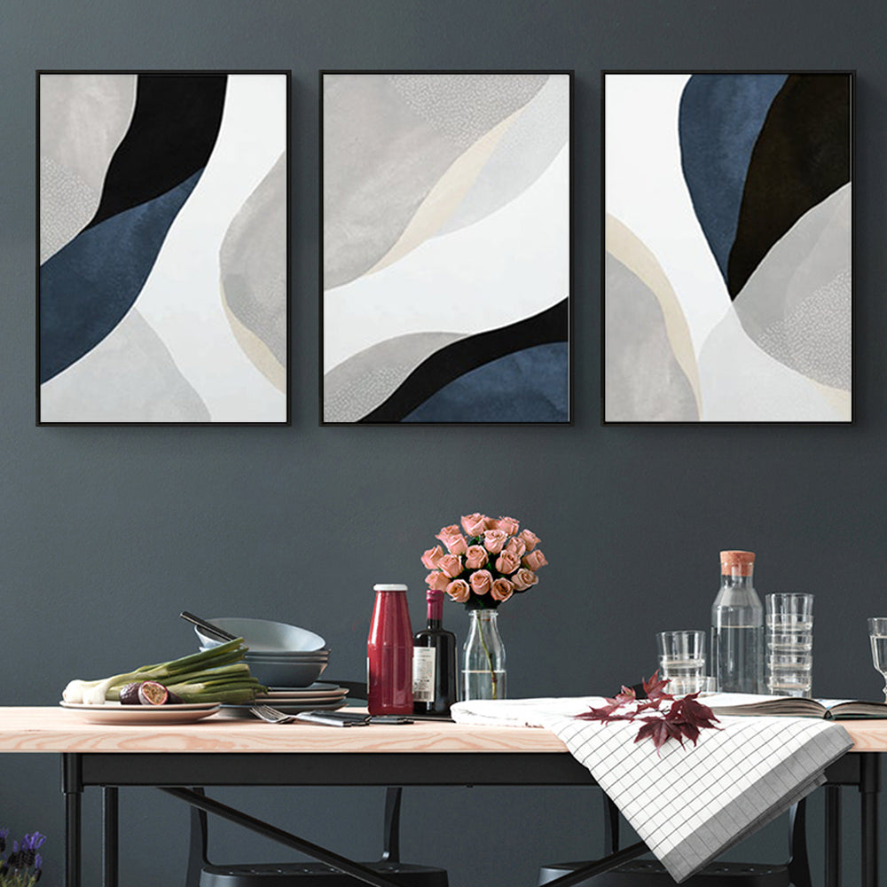 Wall Art 70cmx100cm Abstract Navy Blue 3 Sets Black Frame Canvas-1