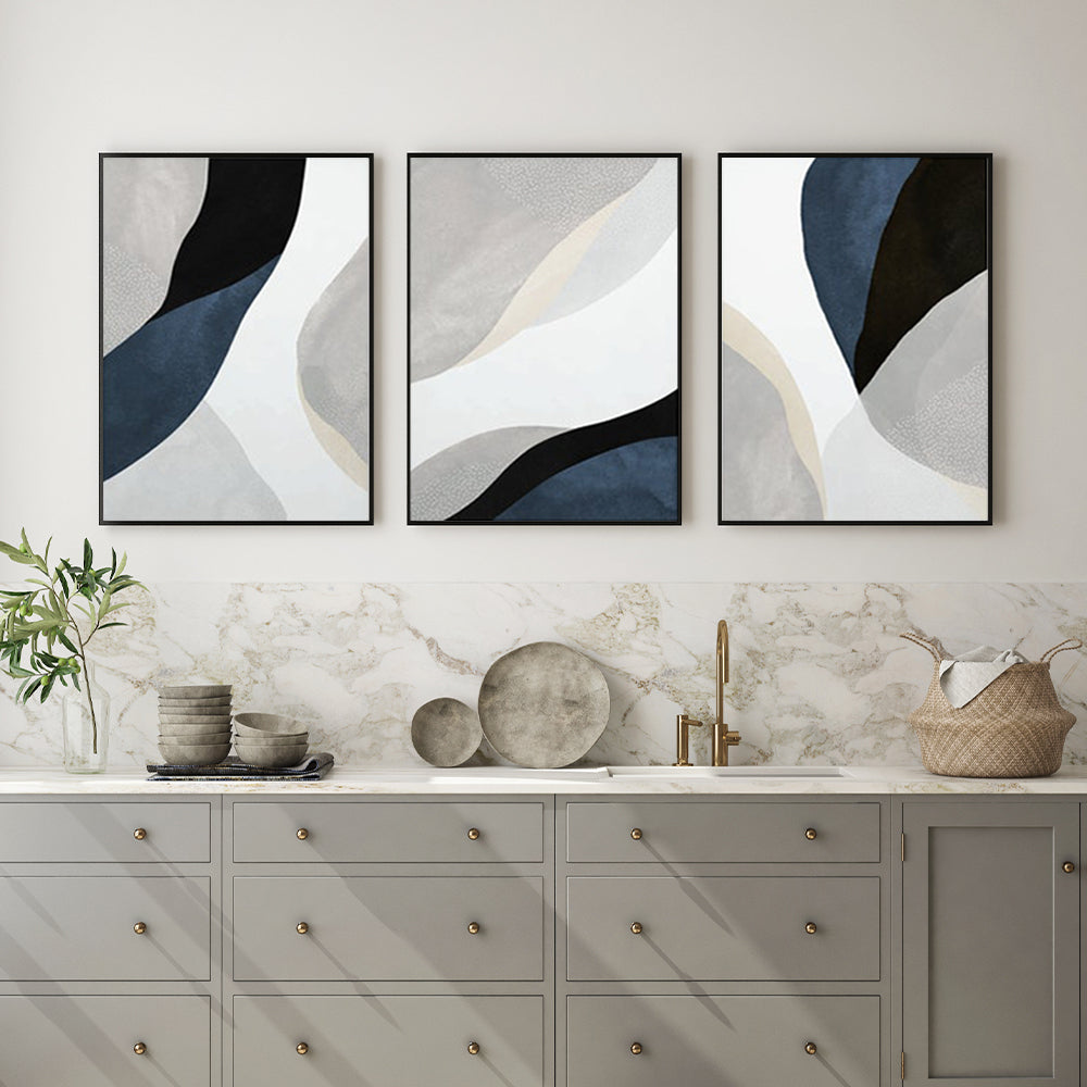 Wall Art 100cmx150cm Abstract Navy Blue 3 Sets Black Frame Canvas-3