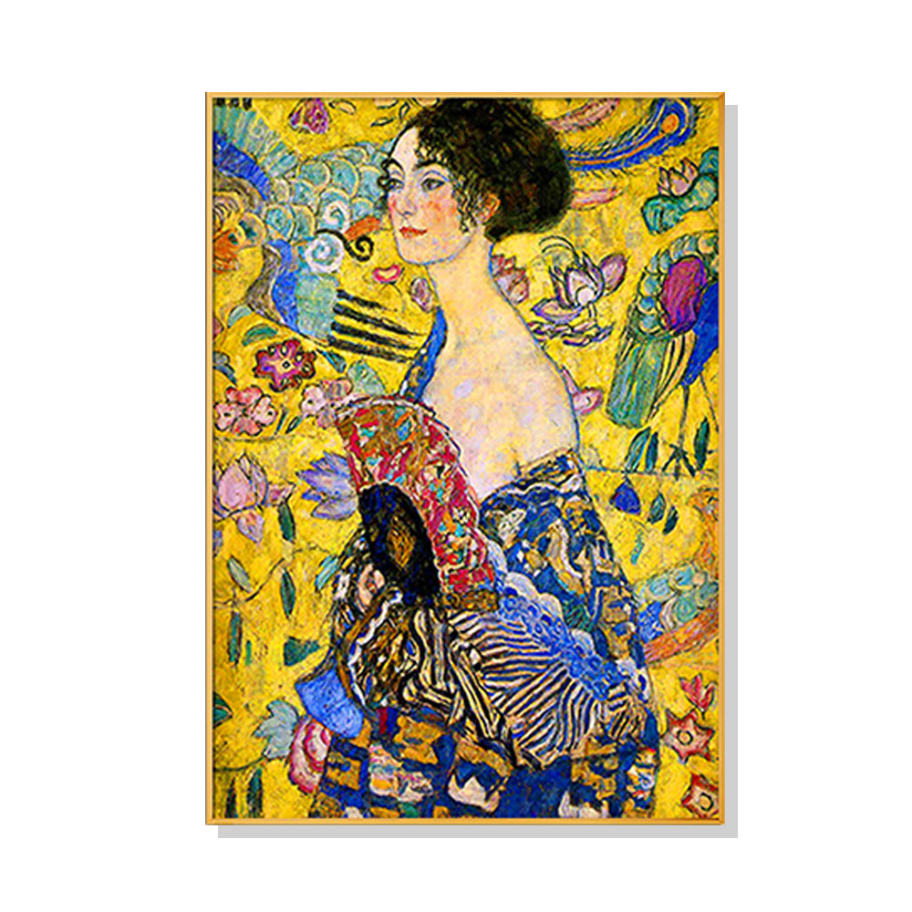 Wall Art 80cmx120cm Lady With A fan By Klimt Gold Frame Canvas-0