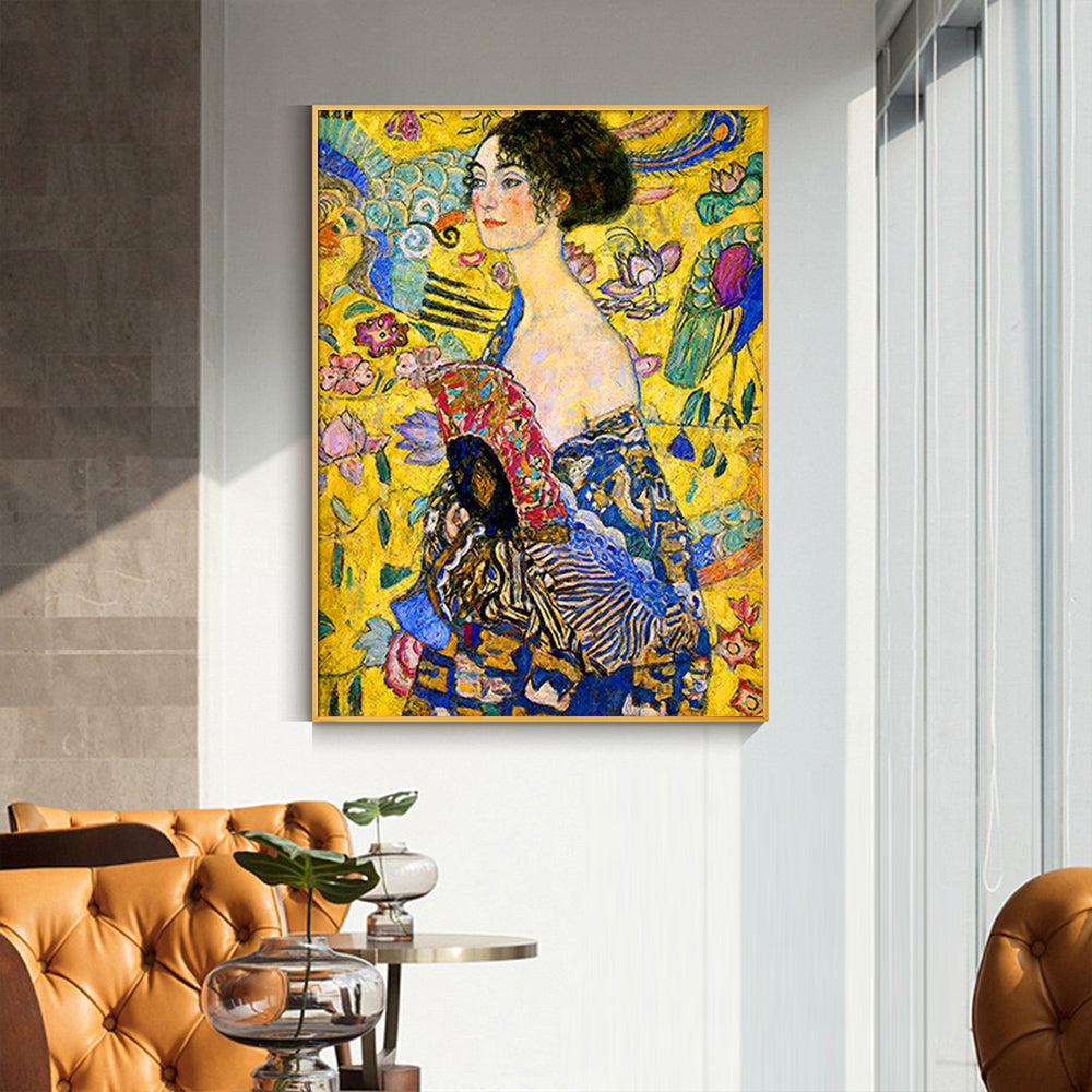 Wall Art 80cmx120cm Lady With A fan By Klimt Gold Frame Canvas-1