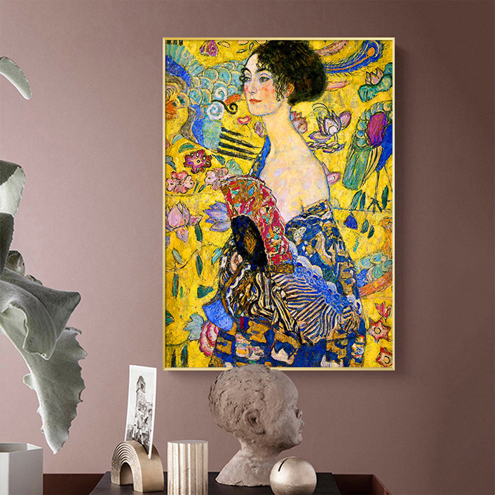 Wall Art 80cmx120cm Lady With A fan By Klimt Gold Frame Canvas-2