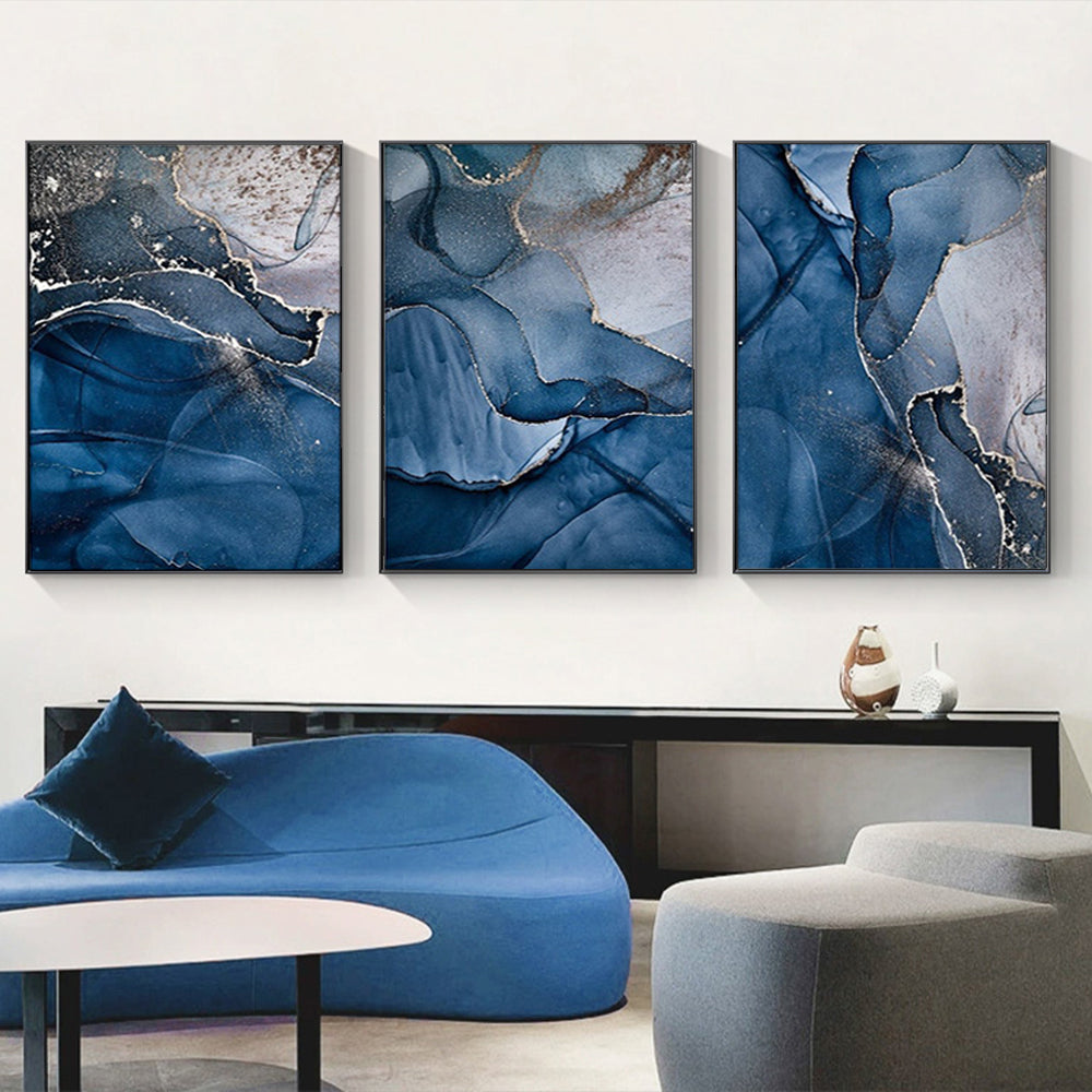 Wall Art 80cmx120cm Blue Gold Marble 3 Sets Black Frame Canvas-3