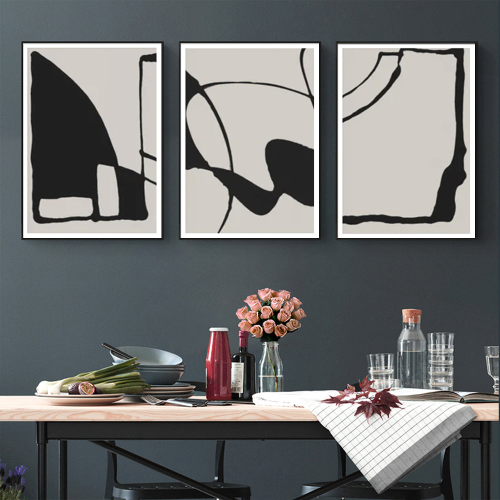 Wall Art 80cmx120cm Black Beige 3 Sets Black Frame Canvas-2