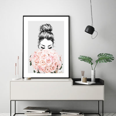 Wall Art 60cmx90cm Roses Girl Black Frame Canvas-1