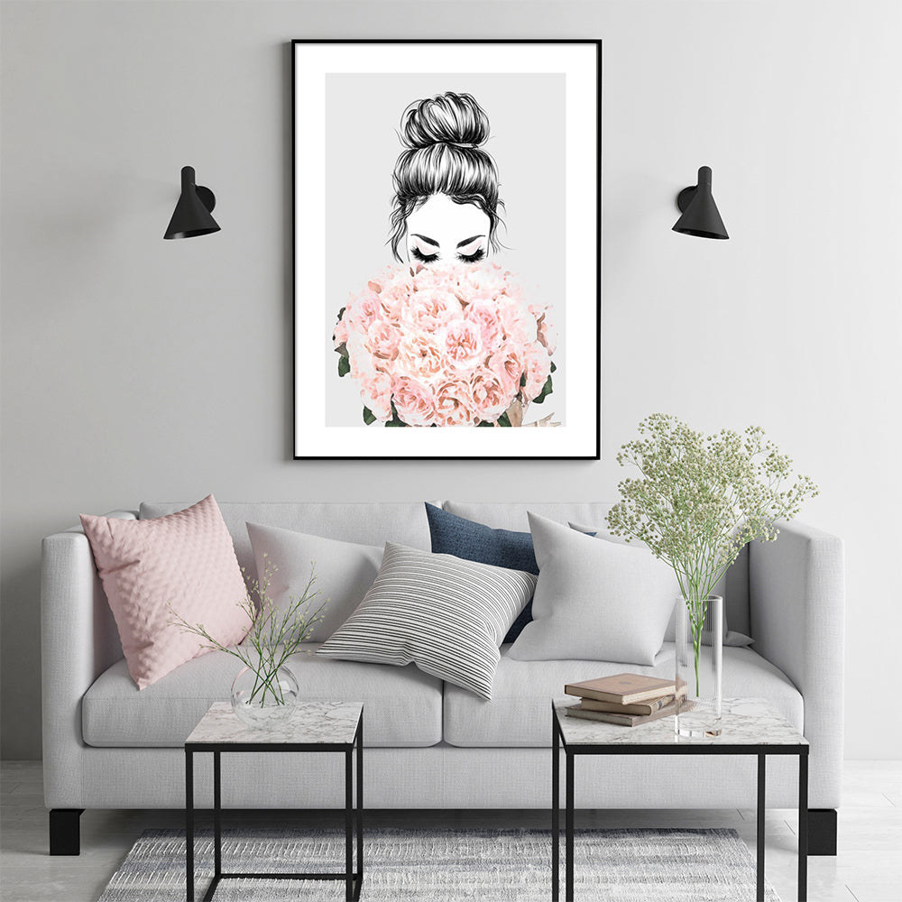 Wall Art 60cmx90cm Roses Girl Black Frame Canvas-2