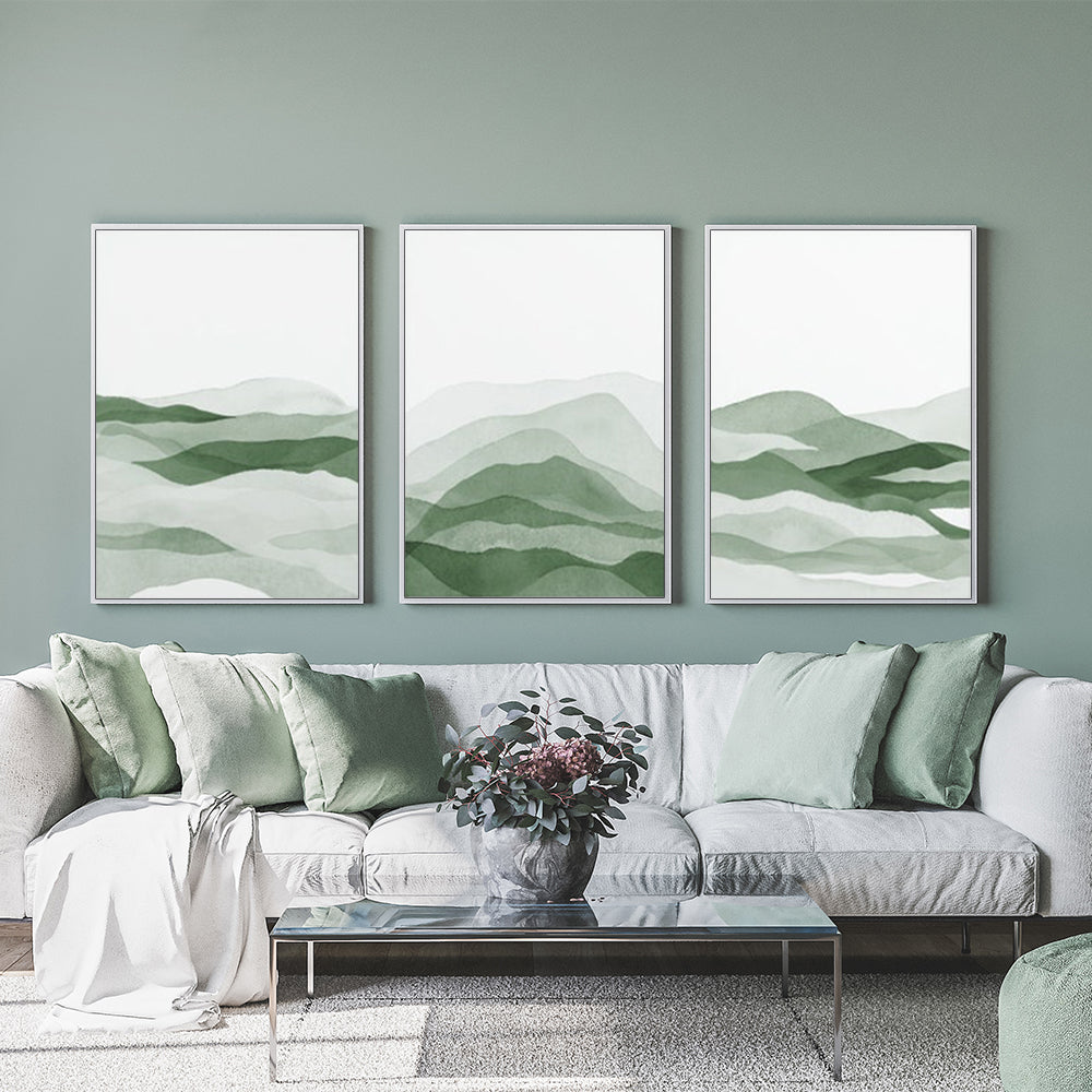 Wall Art 60cmx90cm Sage Green 3 Sets White Frame Canvas-1