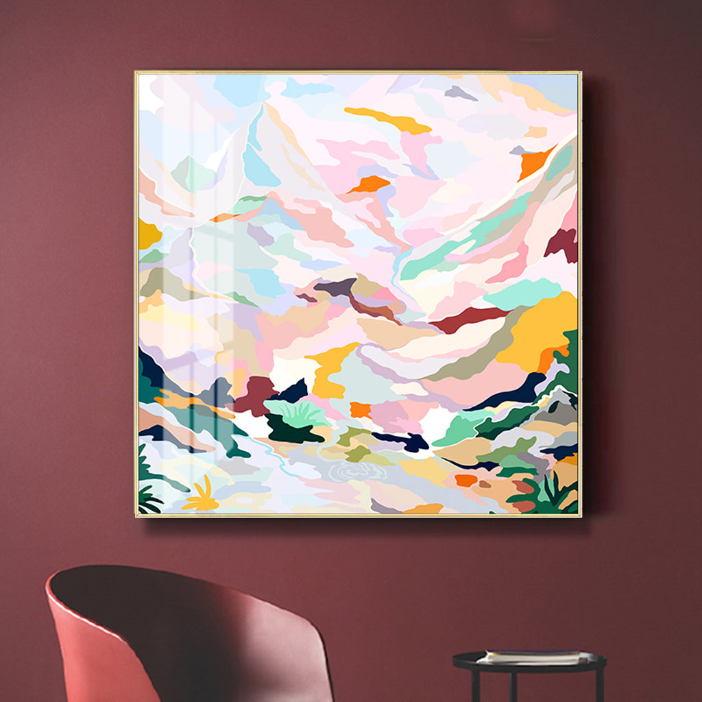 Wall Art 50cmx50cm Abstract Pink Mountain Hand Painted Style Gold Frame Canvas-1