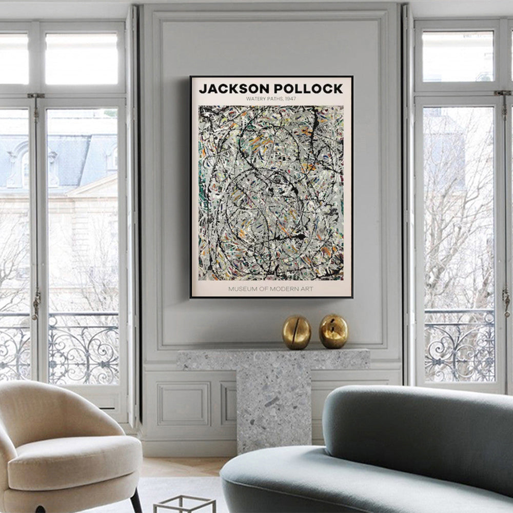 Wall Art 80cmx120cm Jackson Pollock Exhibition III Black Frame Canvas-1