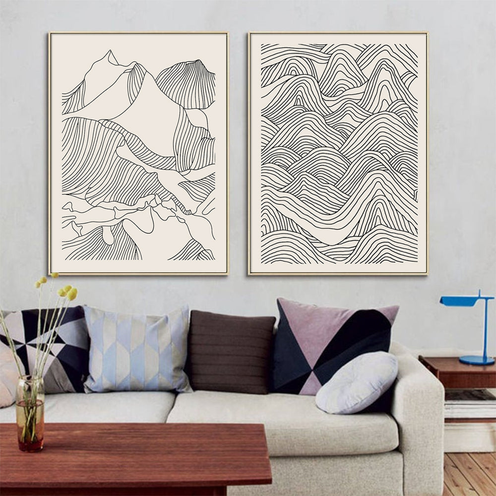 Wall Art 60cmx90cm Line Art Mountain 2 Sets Gold Frame Canvas-2