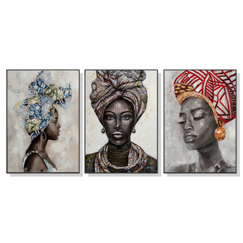 Wall Art 70cmx100cm African women II 3 Sets Black Frame Canvas-0