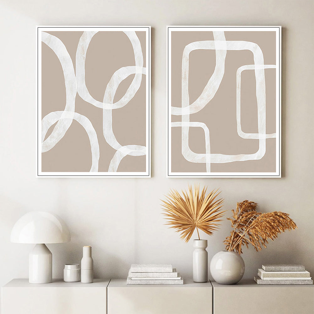 Wall Art 70cmx100cm Abstract White Lines 2 Sets White Frame Canvas-1