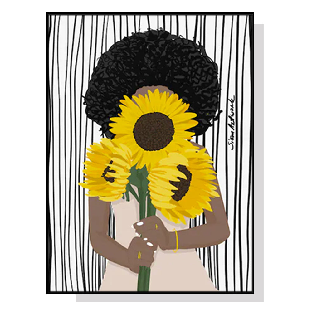 Wall Art 70cmx100cm African Woman Sunflower Black Frame Canvas-0