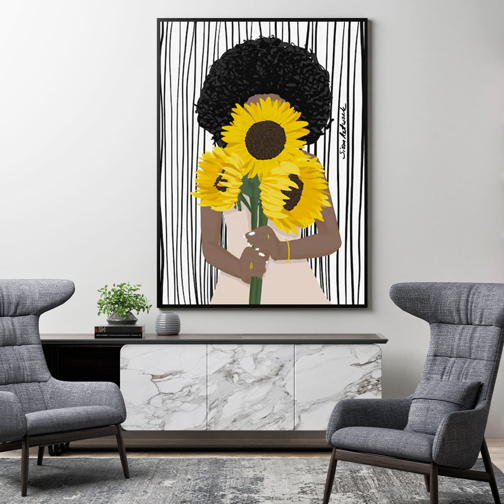 Wall Art 70cmx100cm African Woman Sunflower Black Frame Canvas-1