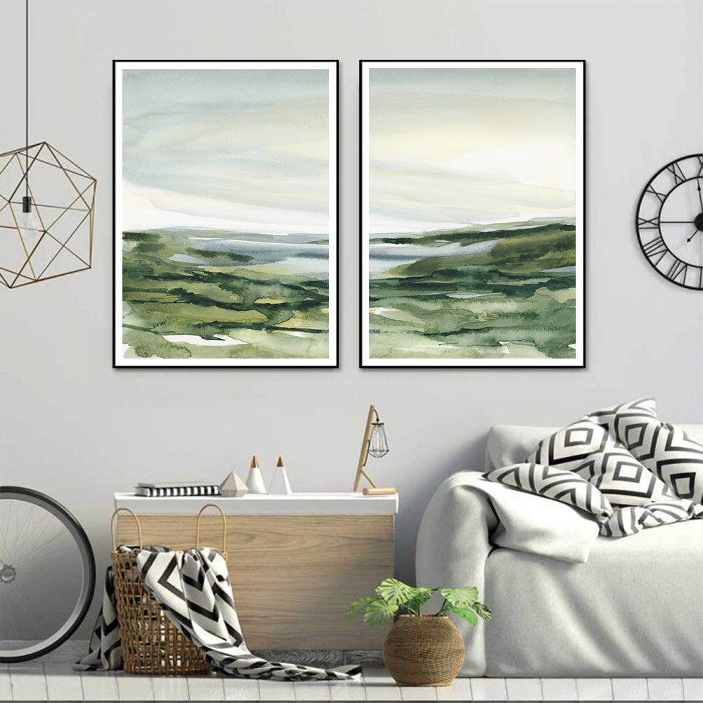 Wall Art 80cmx120cm Watercolor landscape 2 Sets Black Frame Canvas-1