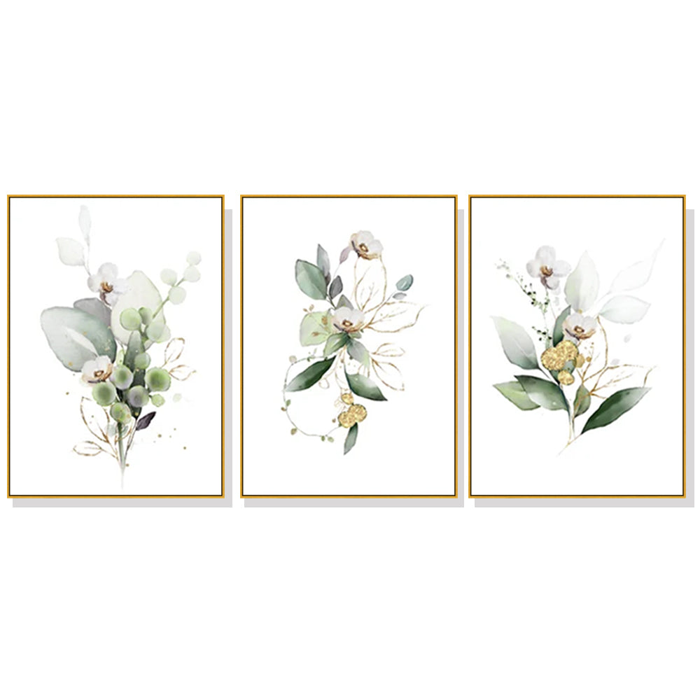 Wall Art 80cmx120cm Green and Gold Watercolor Botanical 3 Sets Gold Frame Canvas-0