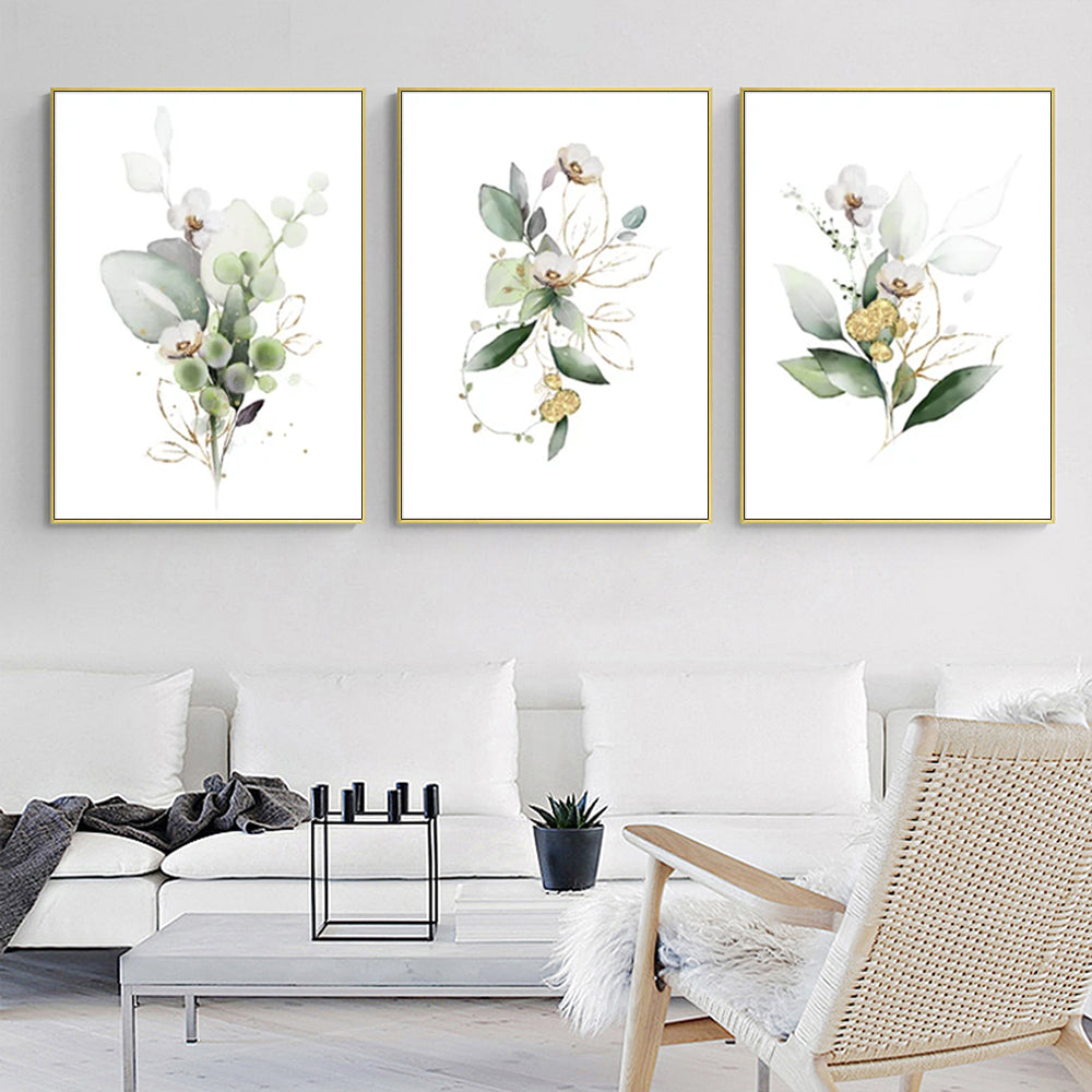 Wall Art 80cmx120cm Green and Gold Watercolor Botanical 3 Sets Gold Frame Canvas-1