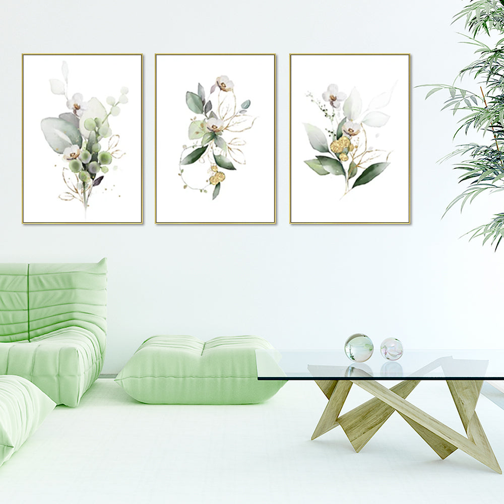 Wall Art 80cmx120cm Green and Gold Watercolor Botanical 3 Sets Gold Frame Canvas-2