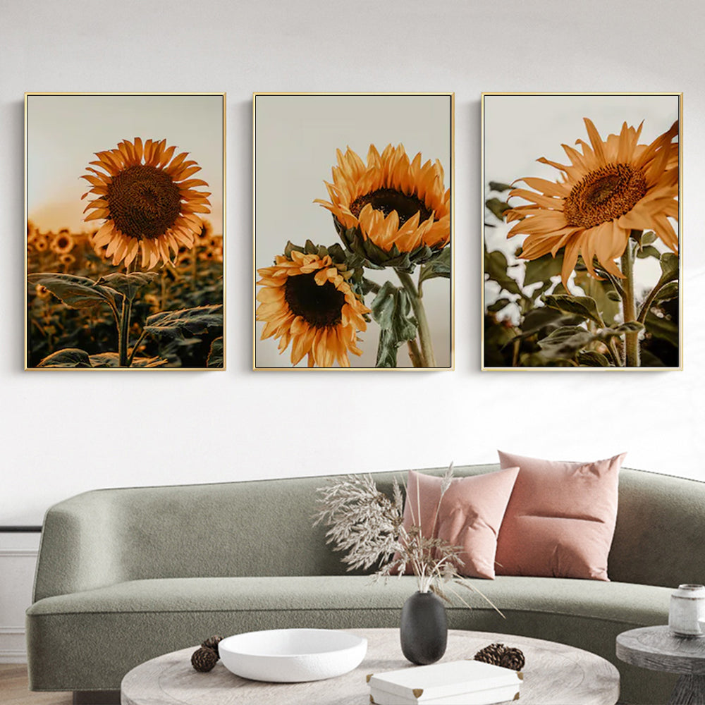 Wall Art 80cmx120cm Sunflower 3 Sets Gold Frame Canvas-1