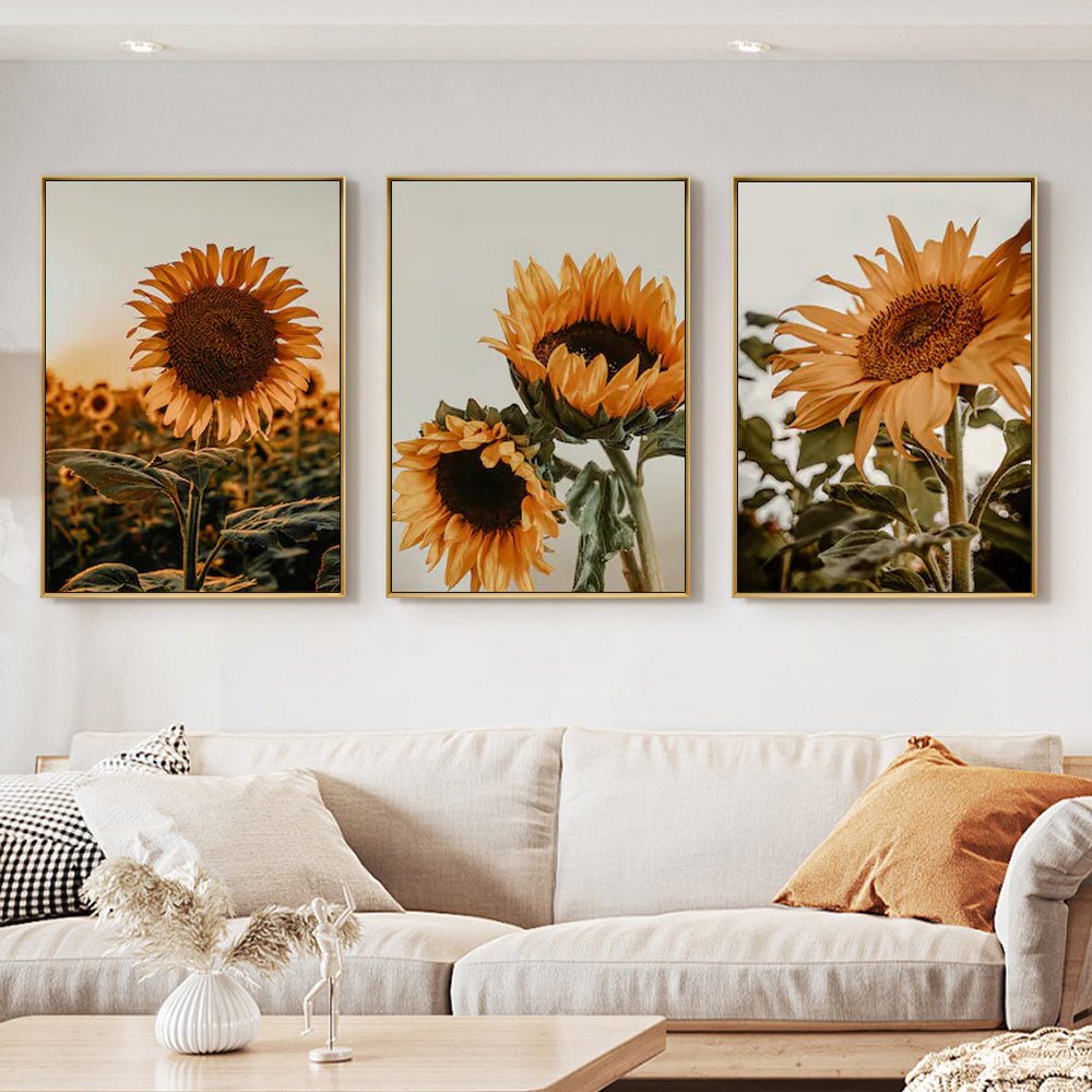 Wall Art 80cmx120cm Sunflower 3 Sets Gold Frame Canvas-2