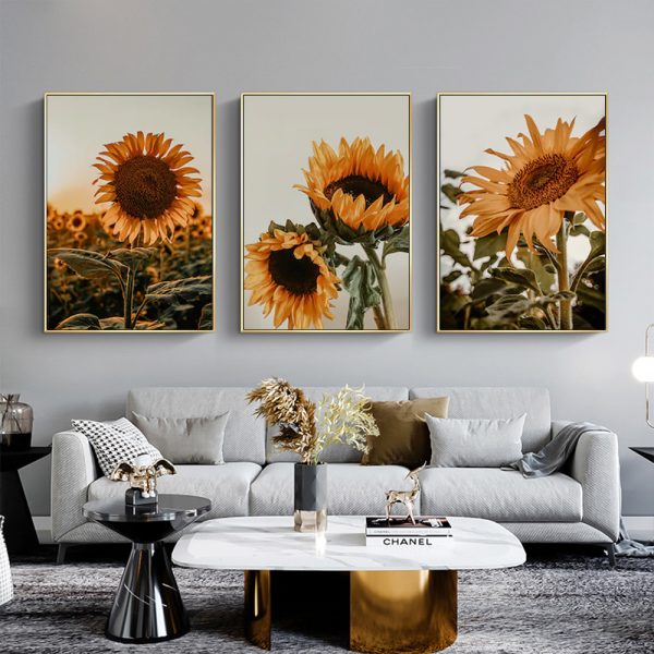 Wall Art 80cmx120cm Sunflower 3 Sets Gold Frame Canvas-3