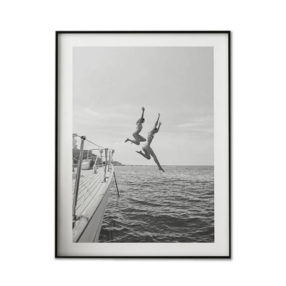 Wall Art 40cmx60cm Black and White Ocean Jump, Black Frame Canvas-0