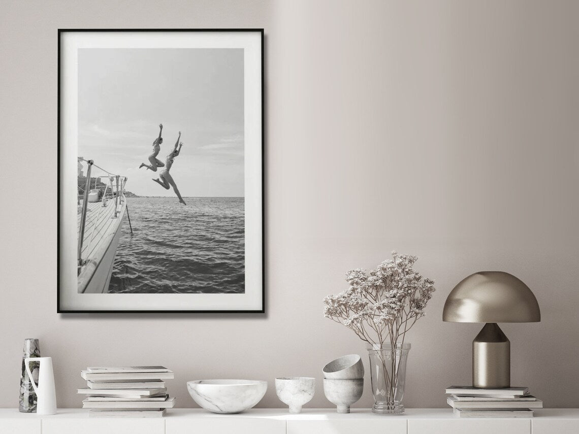 Wall Art 40cmx60cm Black and White Ocean Jump, Black Frame Canvas-2