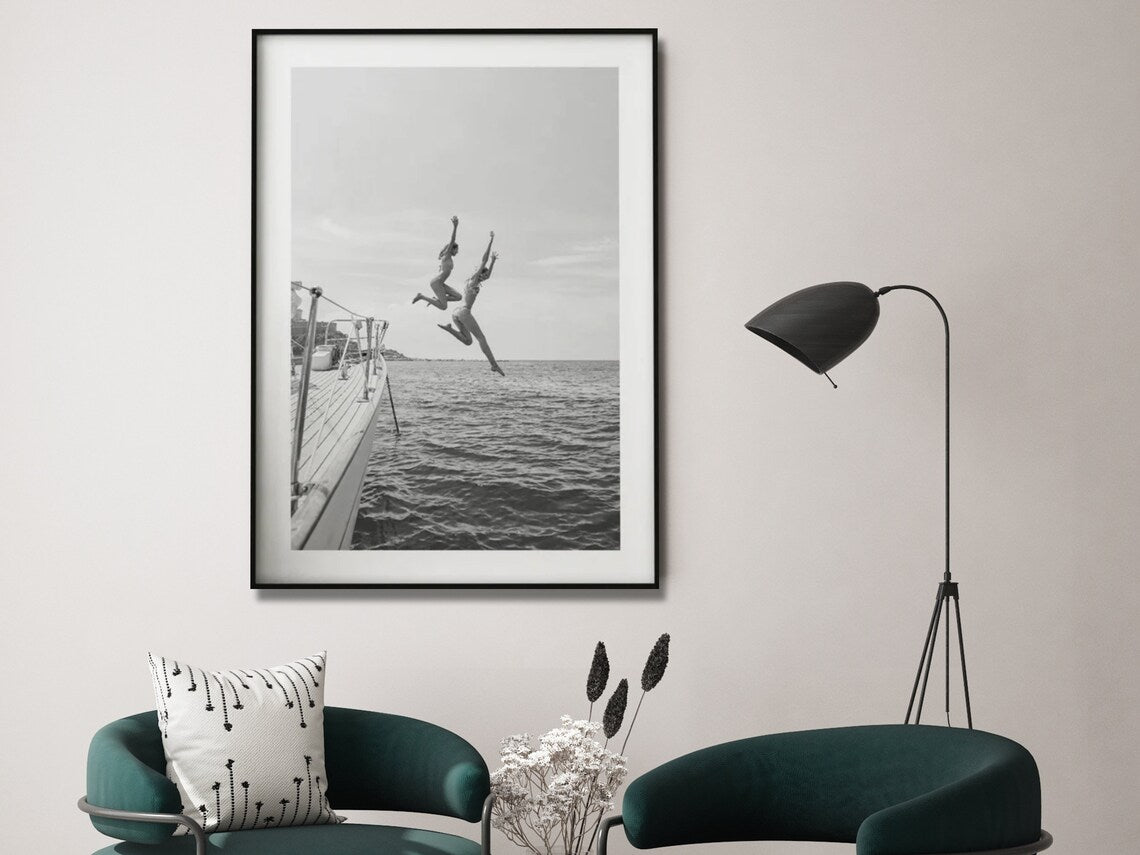 Wall Art 40cmx60cm Black and White Ocean Jump, Black Frame Canvas-3