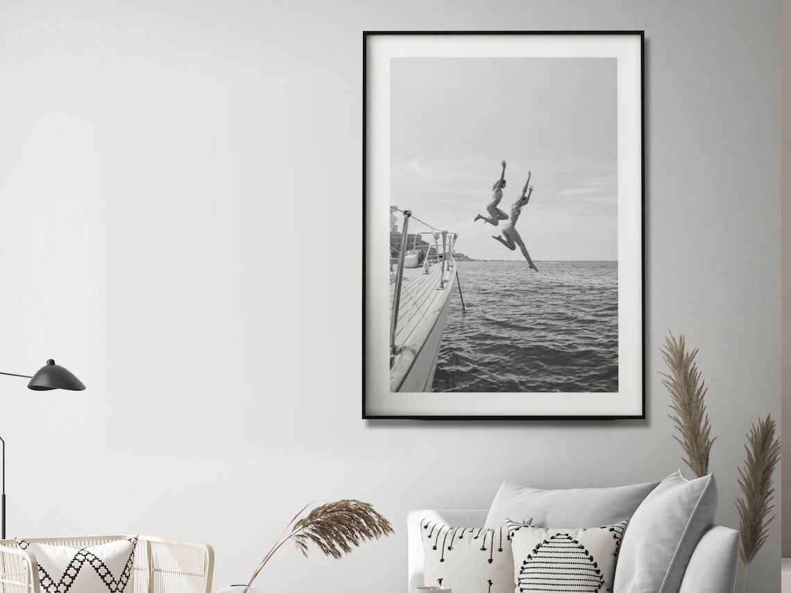 Wall Art 40cmx60cm Black and White Ocean Jump, Black Frame Canvas-4