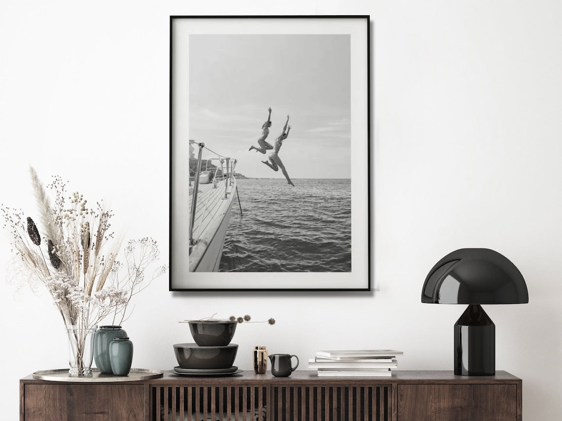 Wall Art 60cmx90cm Black and White Ocean Jump, Black Frame Canvas-1