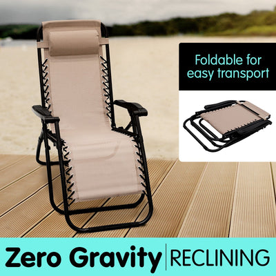 Wallaroo Zero Gravity Reclining Deck Lounge Sun Beach Chair Outdoor Folding Camping - Beige-1