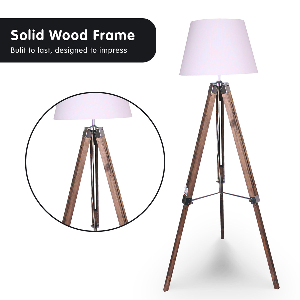 Sarantino Solid Wood Tripod Floor Lamp Adjustable Height White Shade-2