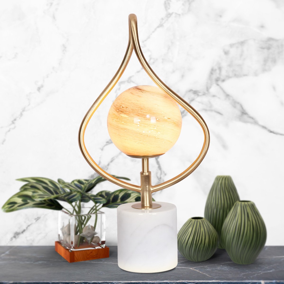 Sarantino Sculptural Orange Glass Table Lamp With White Marble Base-8