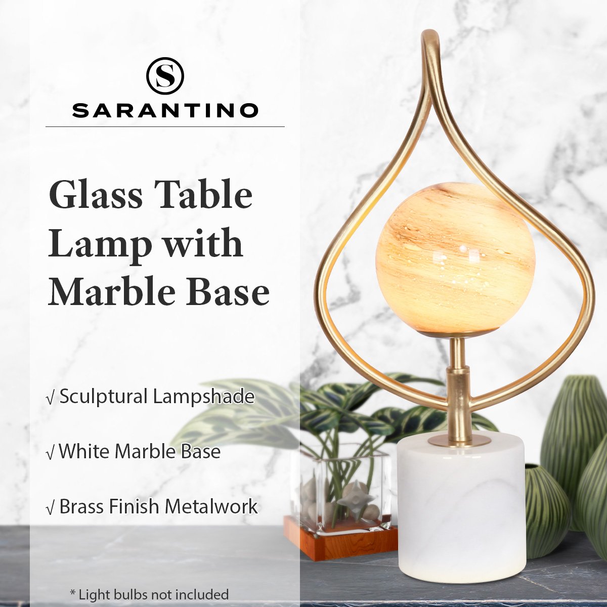 Sarantino Sculptural Orange Glass Table Lamp With White Marble Base-9