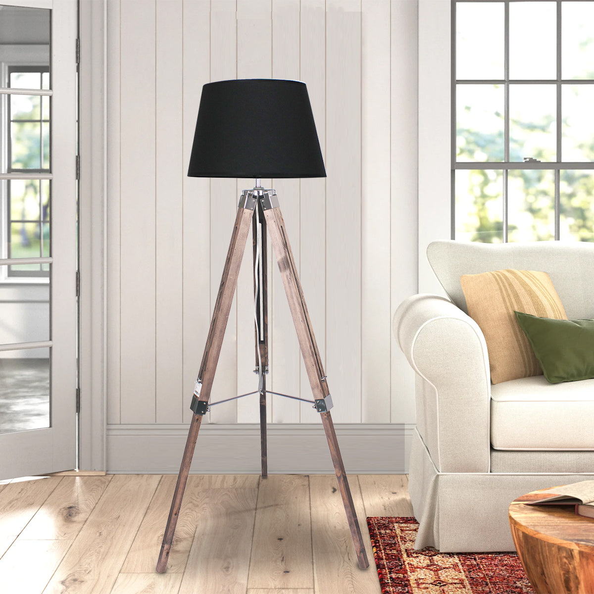 Sarantino Timber Tripod Floor Lamp Adjustable Height Taper Fabric-5