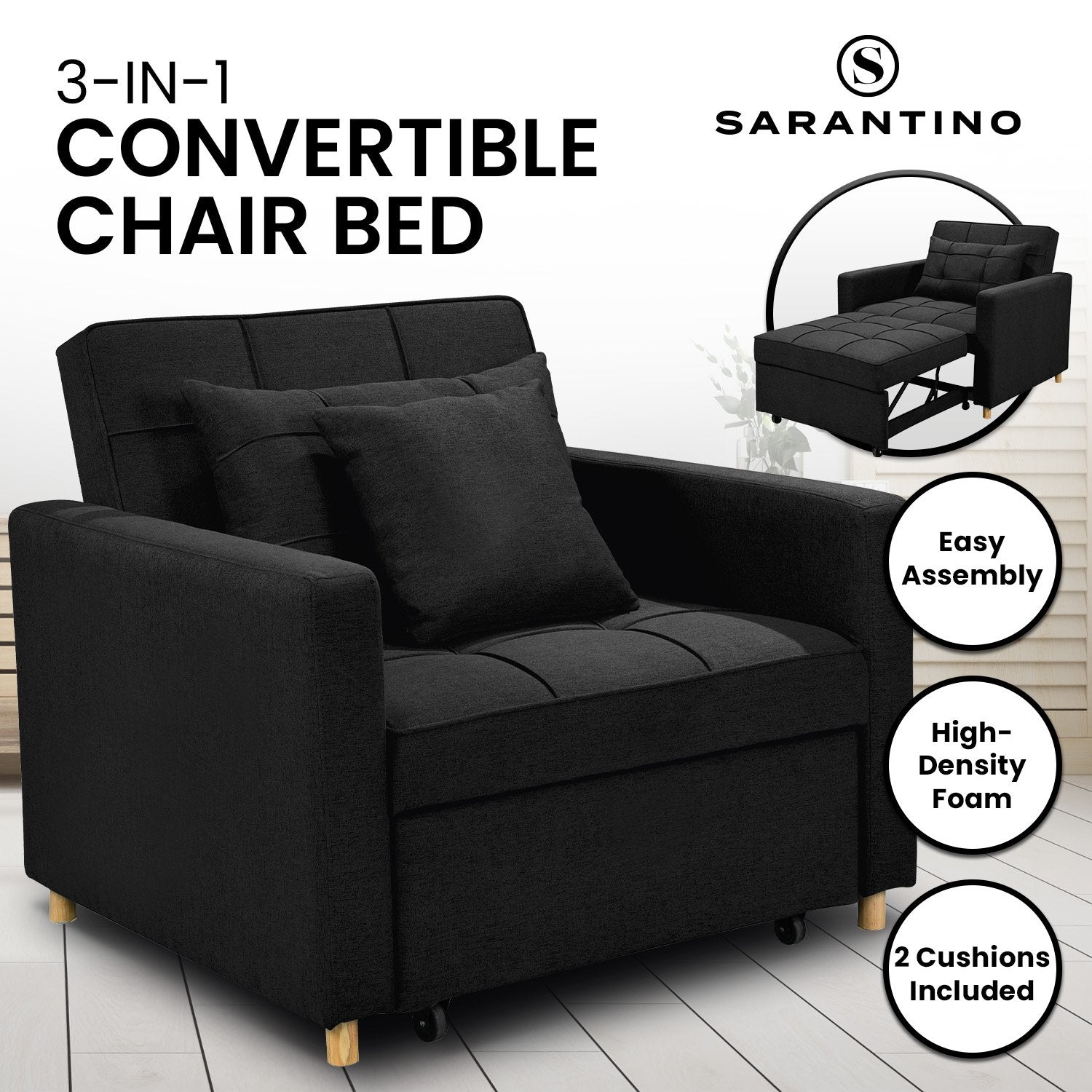 Sarantino Suri 3-in-1 Convertible Lounge Chair Bed - Black-1